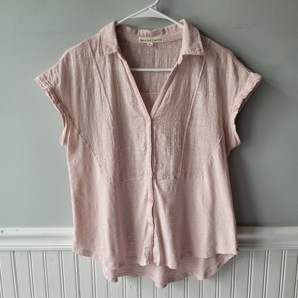 Mesh + Lace Short Sleeve Light Pink Gauze Button Down High Low Top Sz Medium - Picture 2 of 16